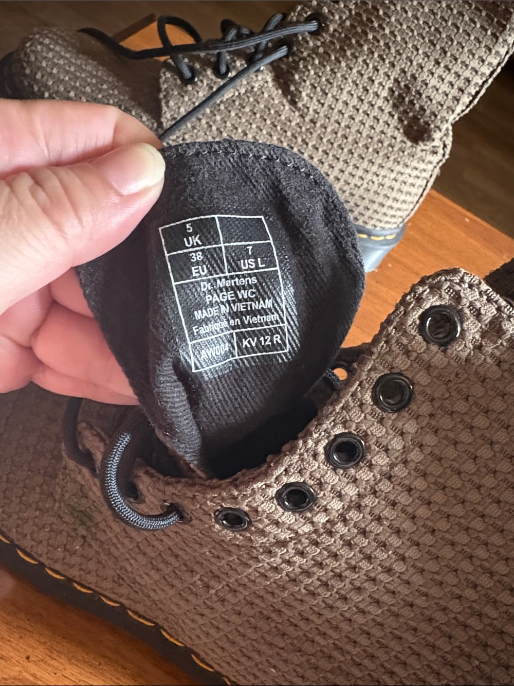 Dr. Martens Brown Knit Lace-Up Boots with Yellow Stitching